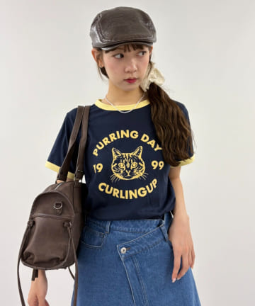 w closet(ダブルクローゼット) ネコプリントリンガーTシャツ