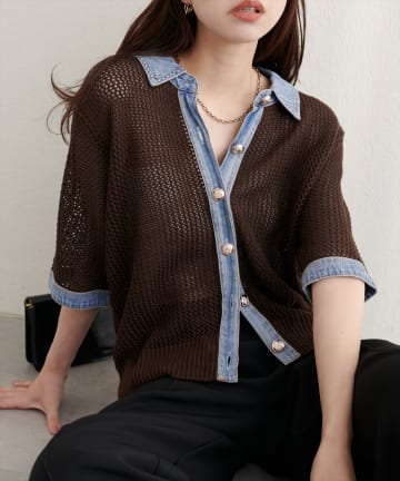 natural couture(ナチュラルクチュール) デニムドッキングメッシュニットTOPS