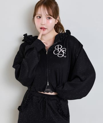 one after another NICE CLAUP(ワンアフターアナザー ナイスクラップ) 【お気に入り総選挙3位】フリルフードキラキラショートパーカー/UVカット