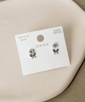 3COINS(スリーコインズ) フラワーチョウチョピアス4個セット