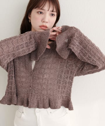 natural couture(ナチュラルクチュール) 透かし編みショート丈フリルカーディガン