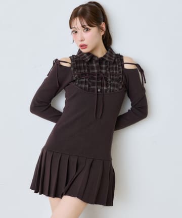 one after another NICE CLAUP(ワンアフターアナザー ナイスクラップ) 【SMサイズ展開】肩あきフリルシャツドッキングワンピース