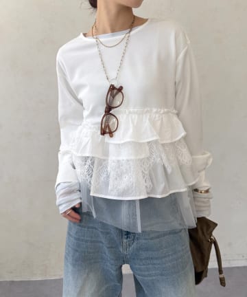DOUDOU(ドゥドゥ) 【WEB限定】カットジョーゼット異素材切替フリルブラウス