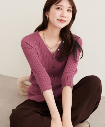 natural couture(ナチュラルクチュール) うす金釦ぴたリブニットカーディガン