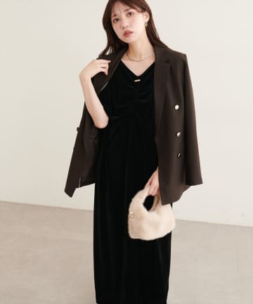 natural couture(ナチュラルクチュール) フロントギャザーベロア5分袖ワンピース