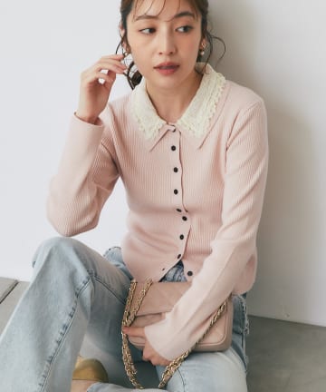 La boutique BonBon(ラブティックボンボン) レースポロ衿リブニットカーディガン
