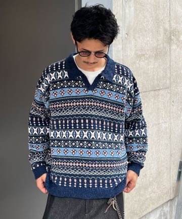 CIAOPANIC(チャオパニック) フェアアイル柄モールニットスキッパーポロ