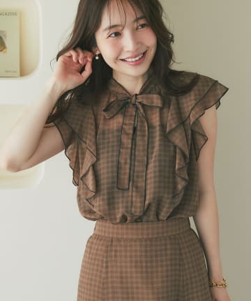 OUTLET(アウトレット) 【La boutique BonBon】チェックラッフルボウタイブラウス