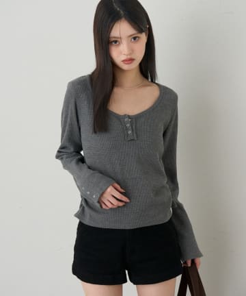 RAY CASSIN(レイカズン) UネックワッフルヘンリーロングTシャツ / ロンT