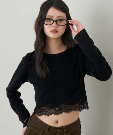 RAY CASSIN(レイカズン) 裾レースコンパクトロングTシャツ / ロンT