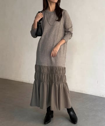 Chez toi(シェトワ) シャーリング切替ニットワンピース