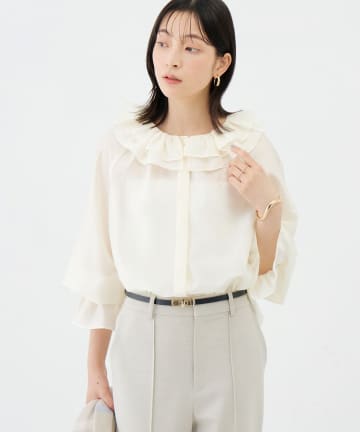 NOLLEY'S(ノーリーズ) ウォッシャブルシアーフリルネックブラウス