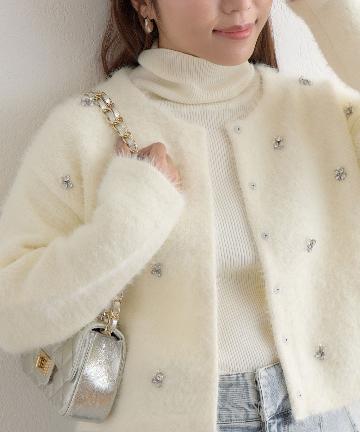 La boutique BonBon(ラブティックボンボン) フェザーヤーンビジュー刺繍ジャケットカーディガン