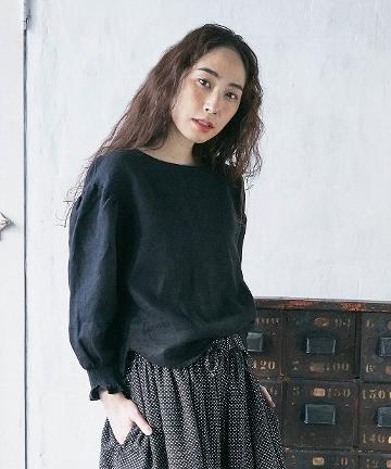 麻起毛袖シャーリングプルオーバーブラウス