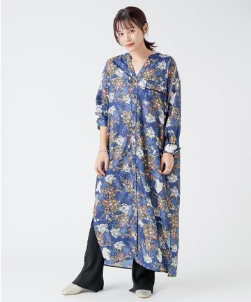 【Omekashi】植物柄シャツワンピース