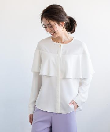 ノーカラーフリルブラウス