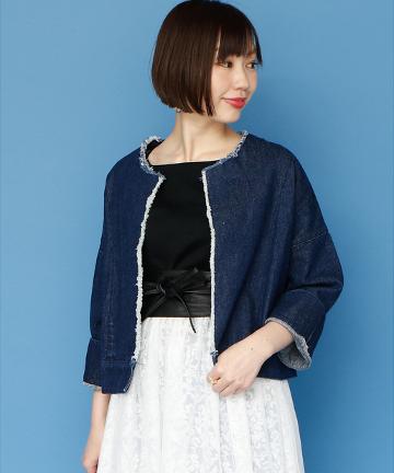 【Omekashi】ノーカラーデニムジャケット