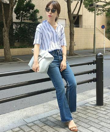 フレア切替デニムパンツ