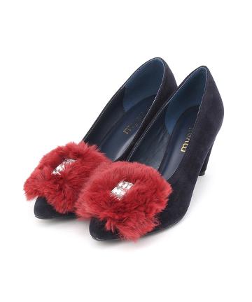 ファー×ビジュー付きパンプス
