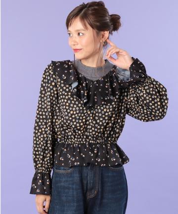 【Omekashi】柄切替フリルブラウス