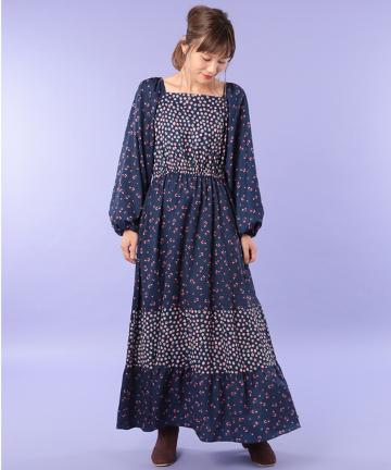 【Omekashi】柄切替ティアードワンピース