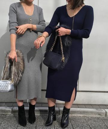 Vネックニットワンピース