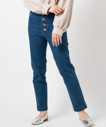 前ボタンストレッチスリムパンツ