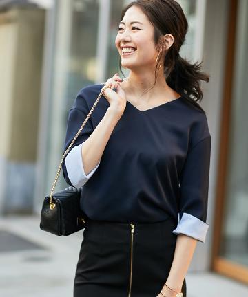 袖配色Vネックブラウス