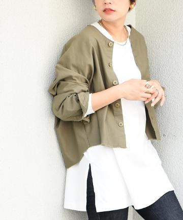 バックサテンノーカラーシャツジャケット