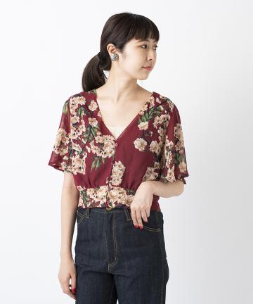 前あき花柄シアーブラウス