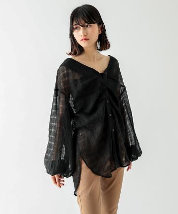 シアーチェックボリュームブラウス