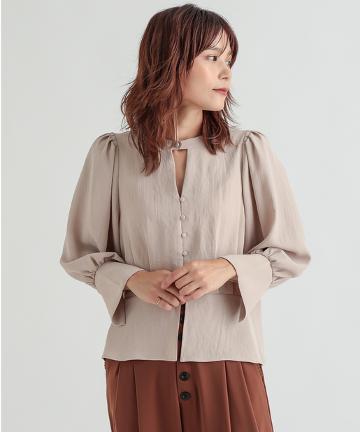 【Omekashi】ハイネック前ボタン長袖ブラウス