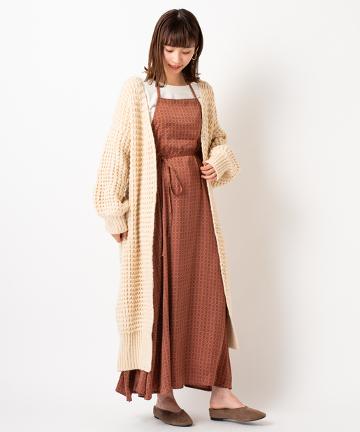 ワッフル編みロングニットカーディガン