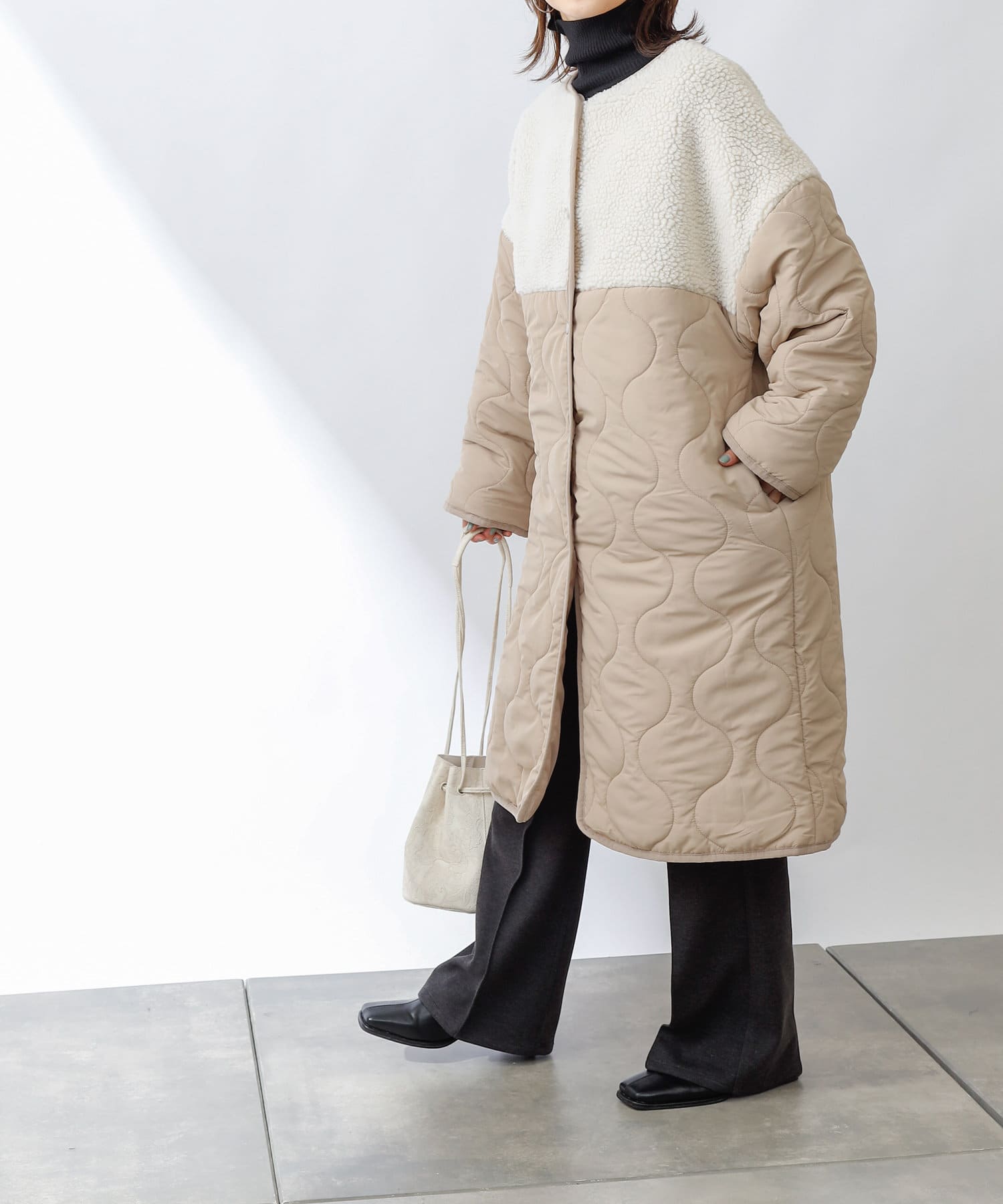 ボア キルトノーカラーロングコート Colony 2139 コロニー トゥーワンスリーナイン レディース Pal Closet パルクローゼット パルグループ公式ファッション通販サイト