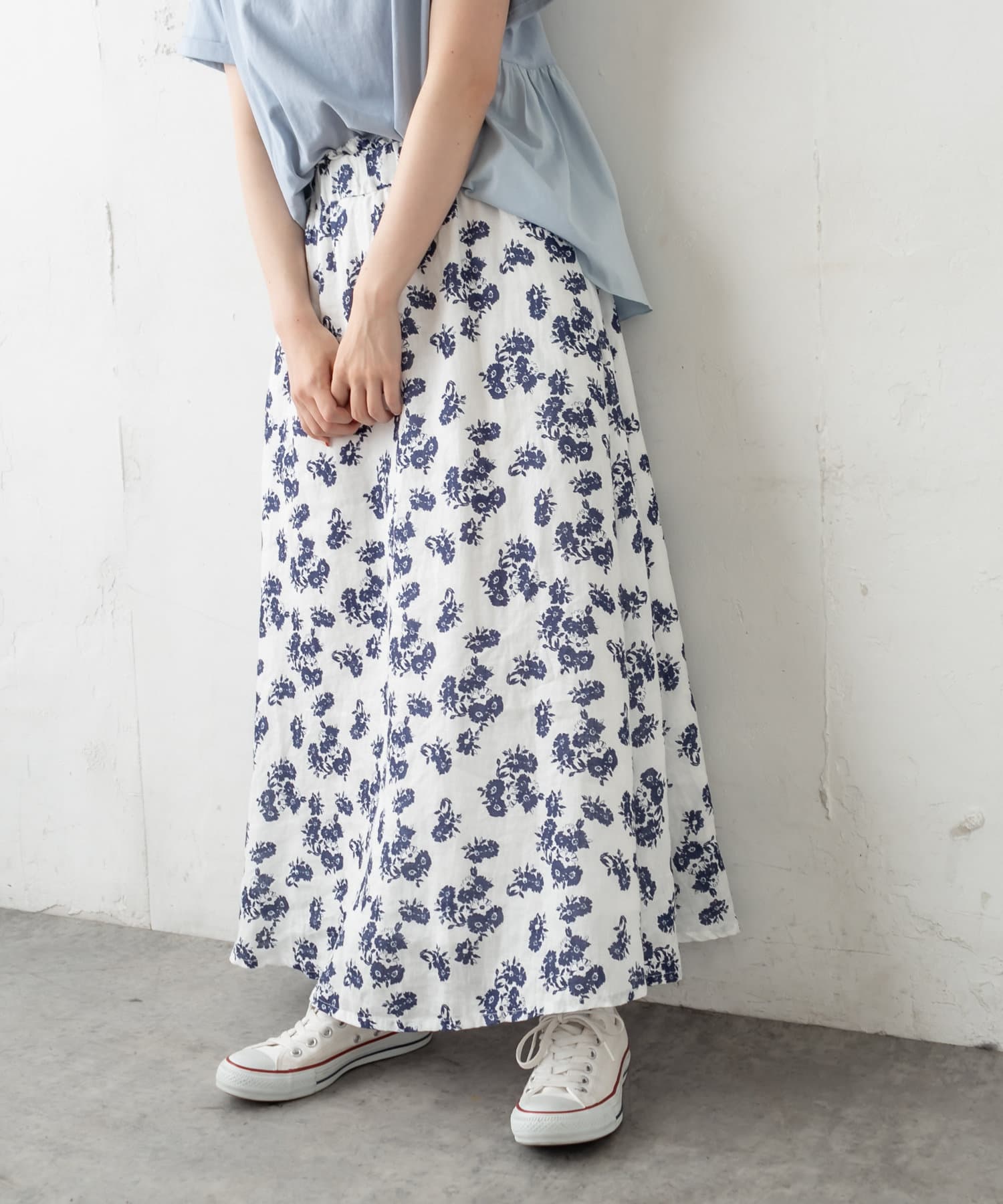 【ピュアルセシン】洗える 麻 リネン キャンバス 中花 プリント スカート 京都三条店】麻キャンバス中花プリントスカートコーデ - PUAL CE