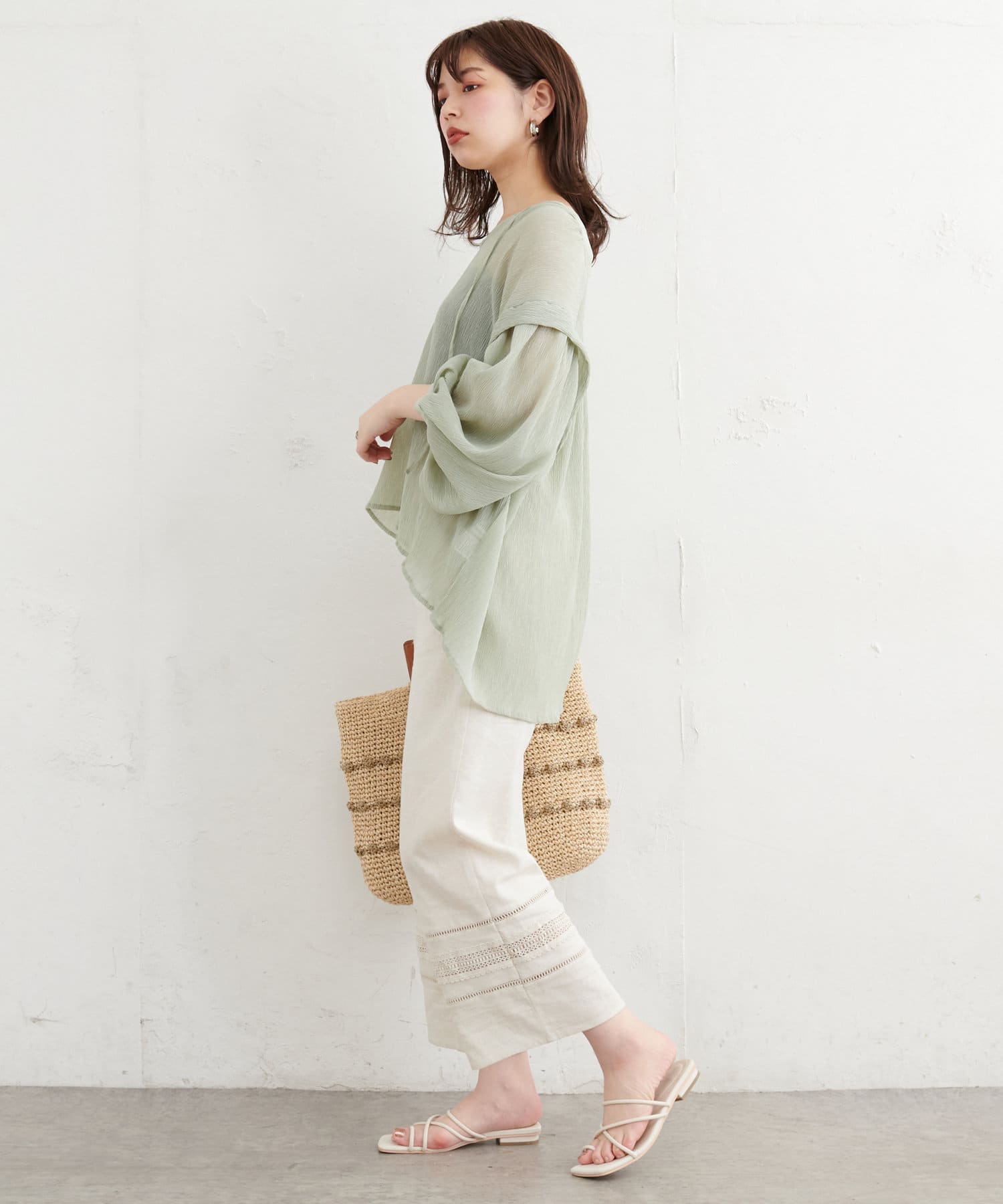 レース切替え綿麻ワイドパンツ | natural couture(ナチュラル 