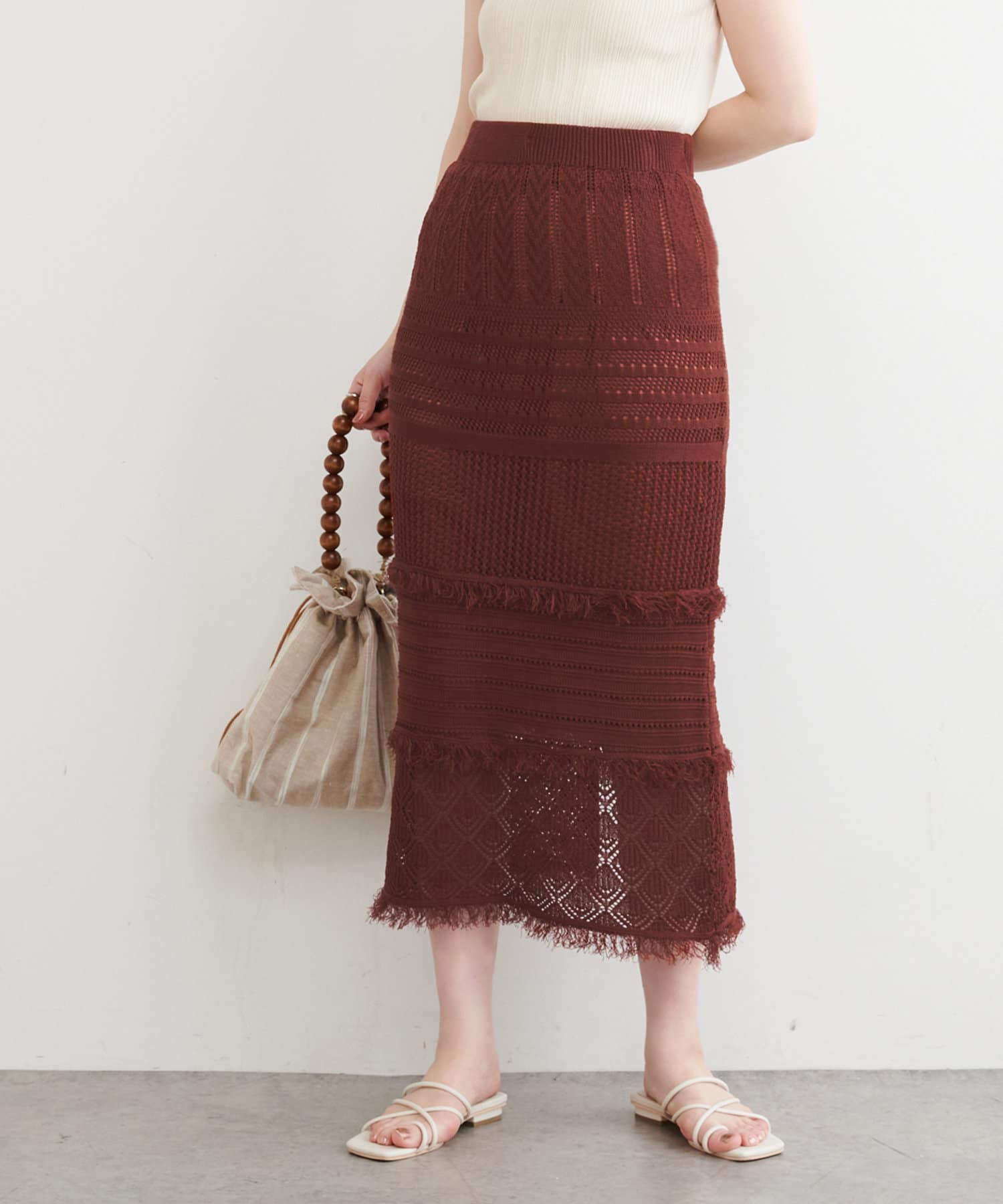 natural couture(ナチュラルクチュール) 透かし編みフリンジスカート