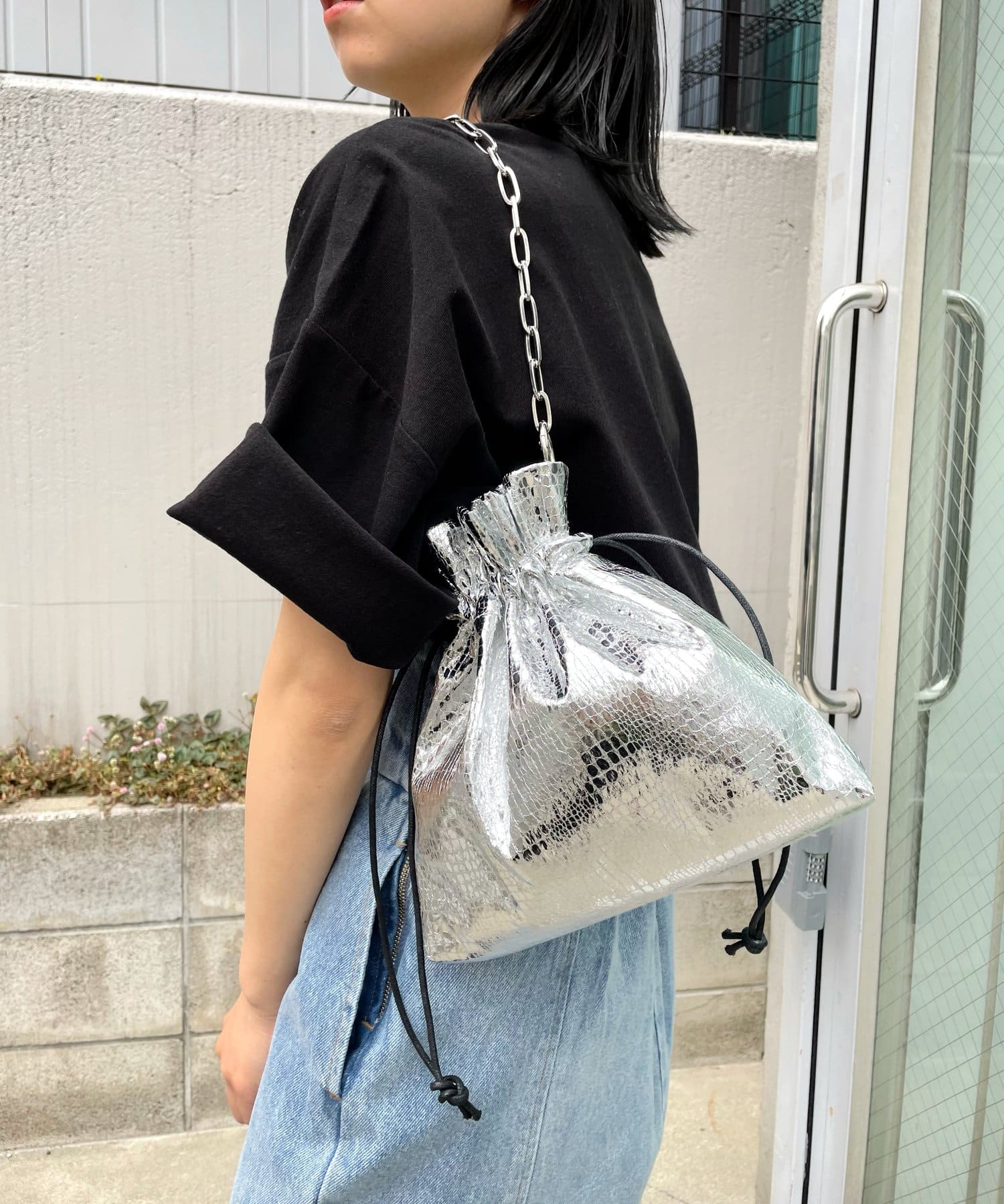 追跡有★S'AIME 2WAY 巾着型 チェーン ホーボーバッグ XS 追跡有☆S'AIME 2WAY 巾着型 チェーン ホーボーバッグ XS