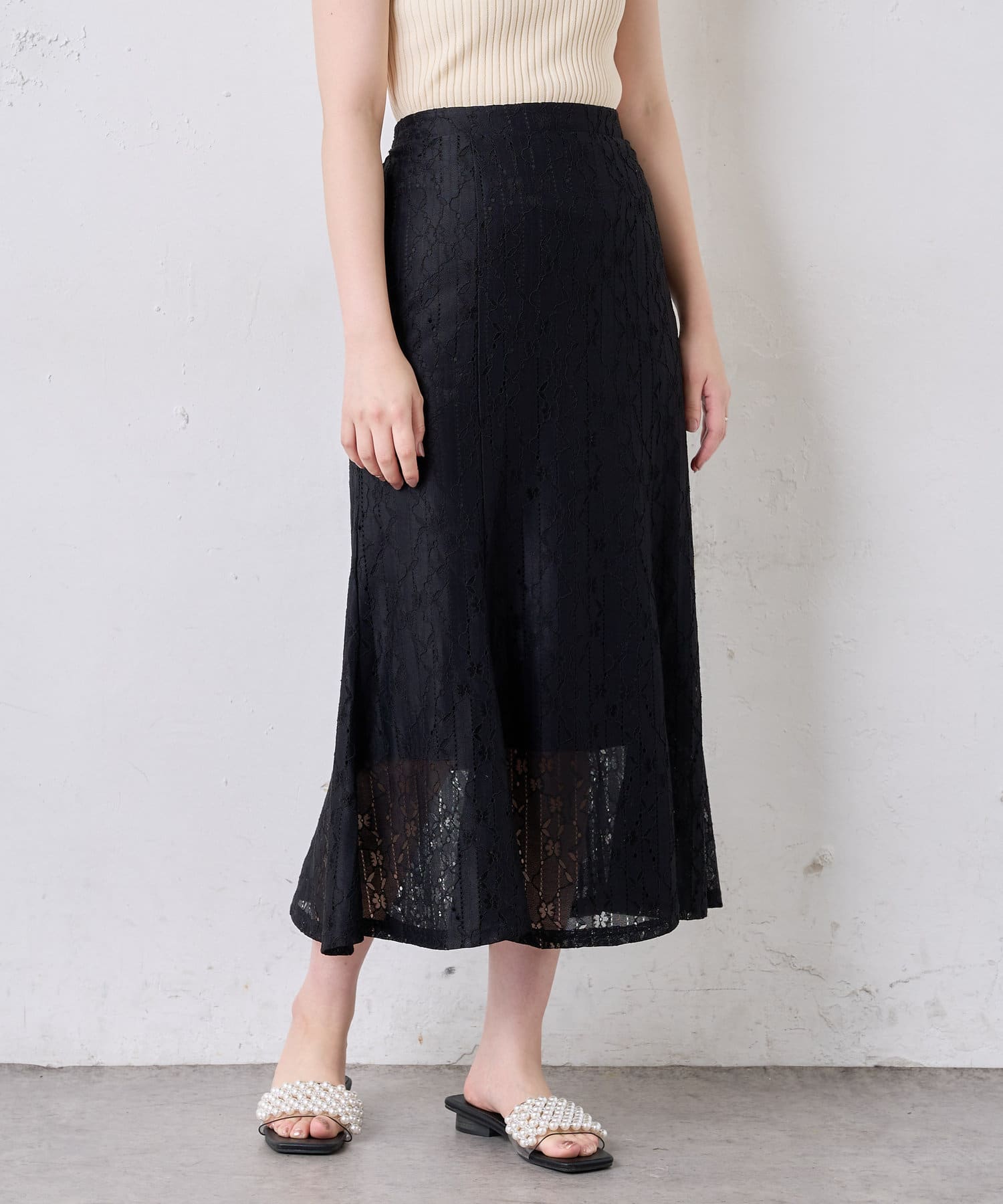natural couture(ナチュラルクチュール) ストライプフラワーレースマーメイドスカート