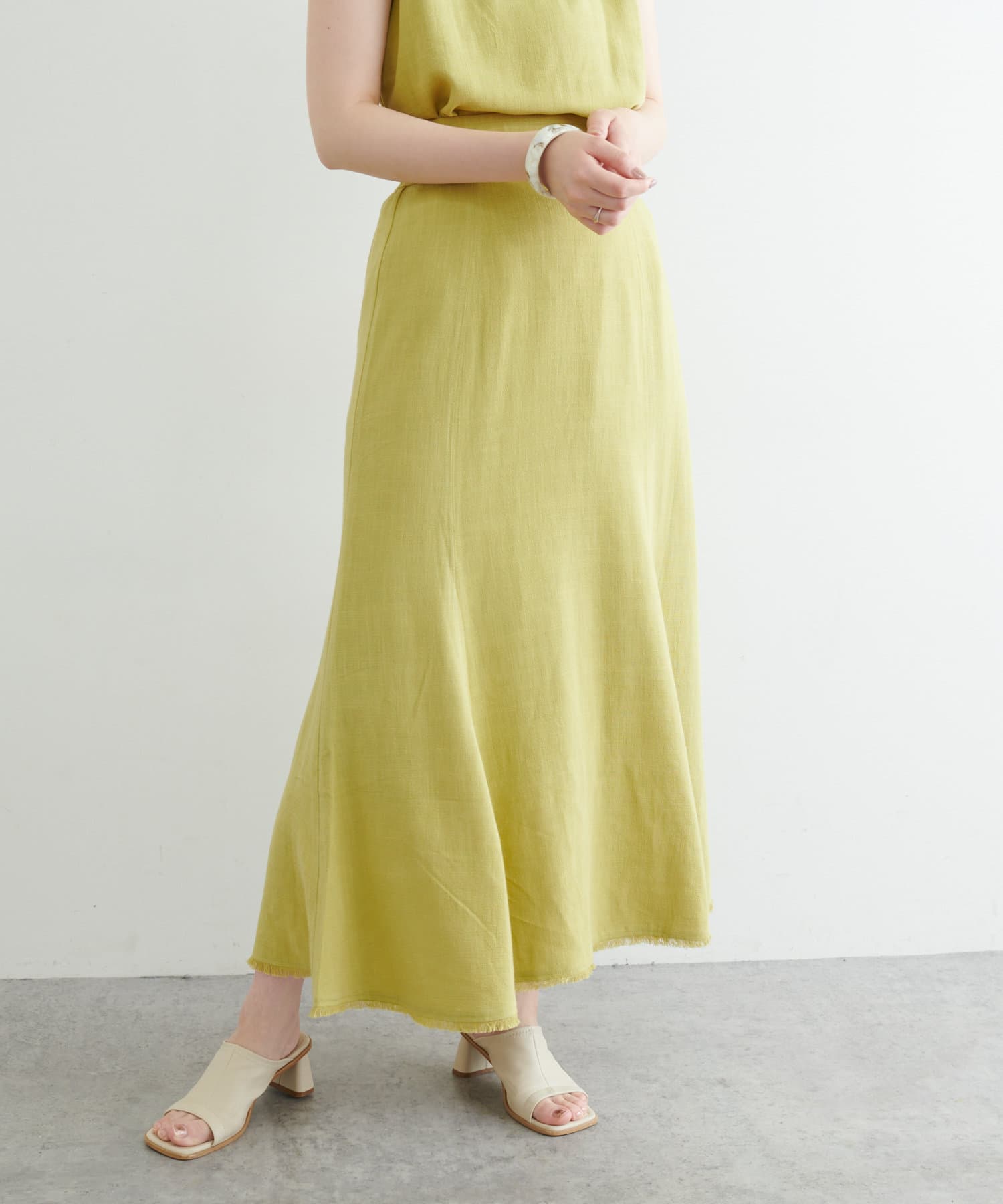 natural couture(ナチュラルクチュール) 長さ変えられる麻混フリンジスカート