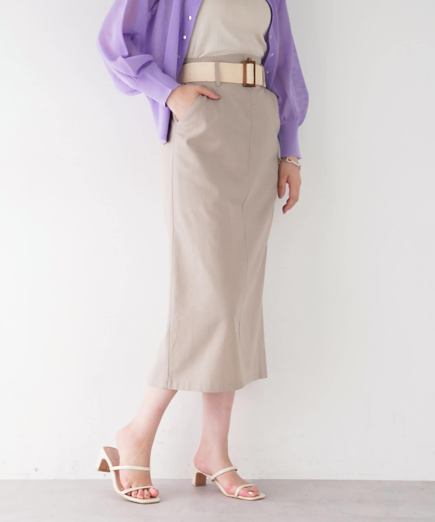 natural couture(ナチュラルクチュール) ストレッチリネンベルト付タイトスカート