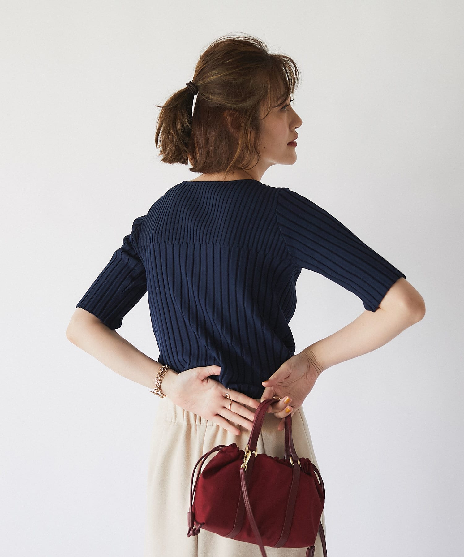 un dix cors(アンディコール) 【おしゃれ見えするランダムリブ】ワイドリブ5分袖ニットプルオーバー