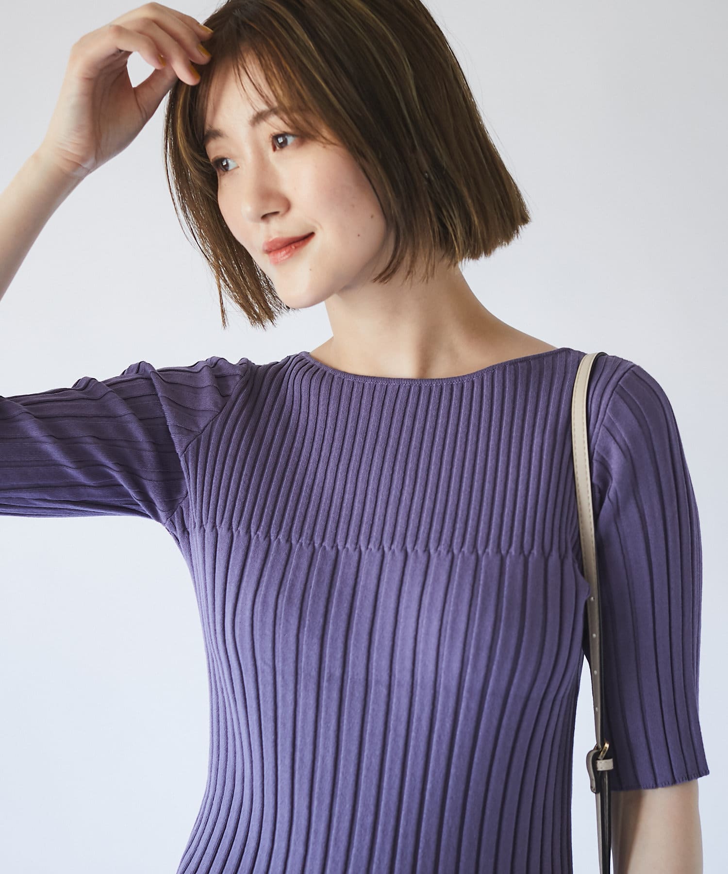 un dix cors(アンディコール) 【おしゃれ見えするランダムリブ】ワイドリブ5分袖ニットプルオーバー