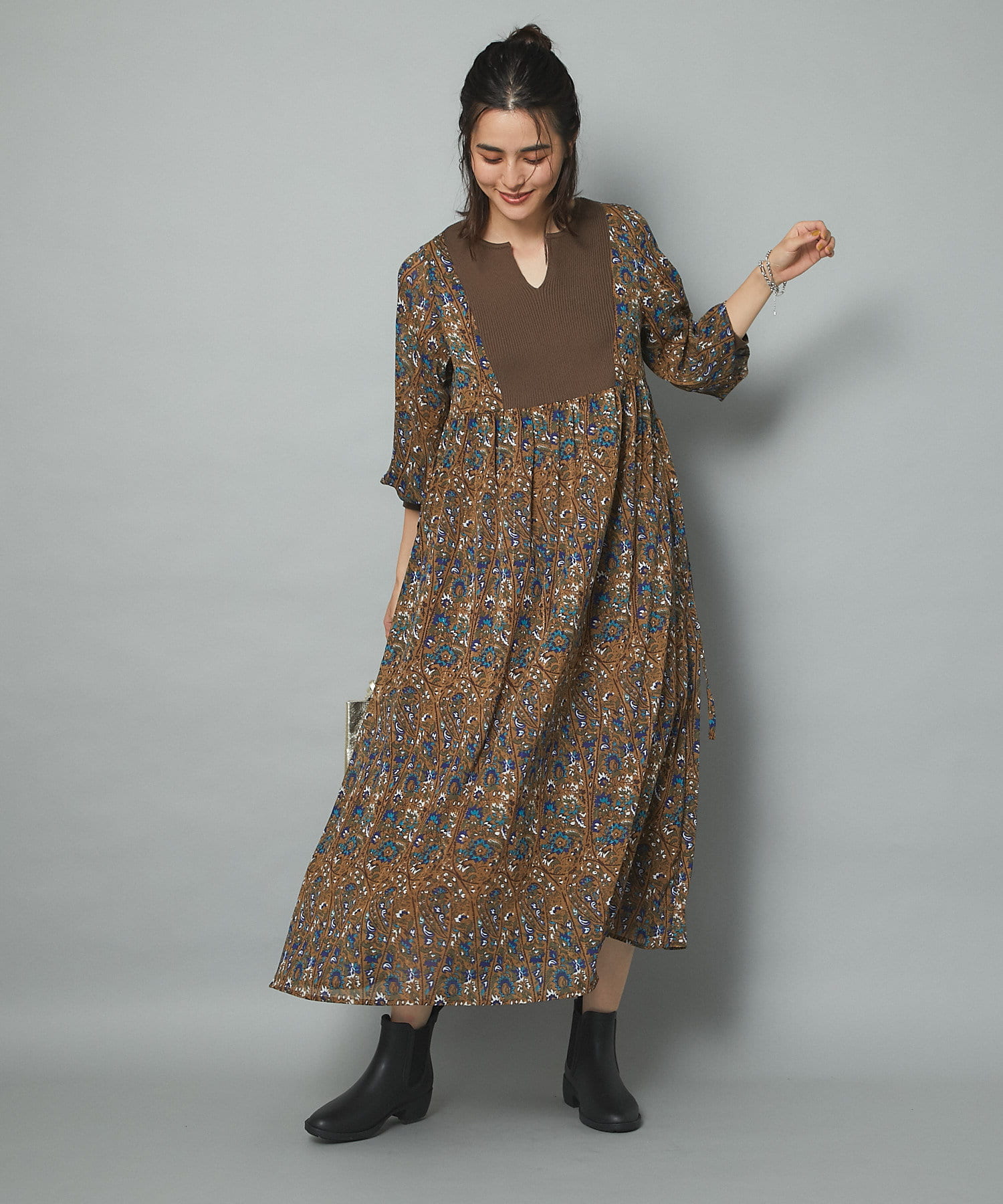 un dix cors(アンディコール) 【時短おしゃれに最適】ニット切替プリントロングワンピース