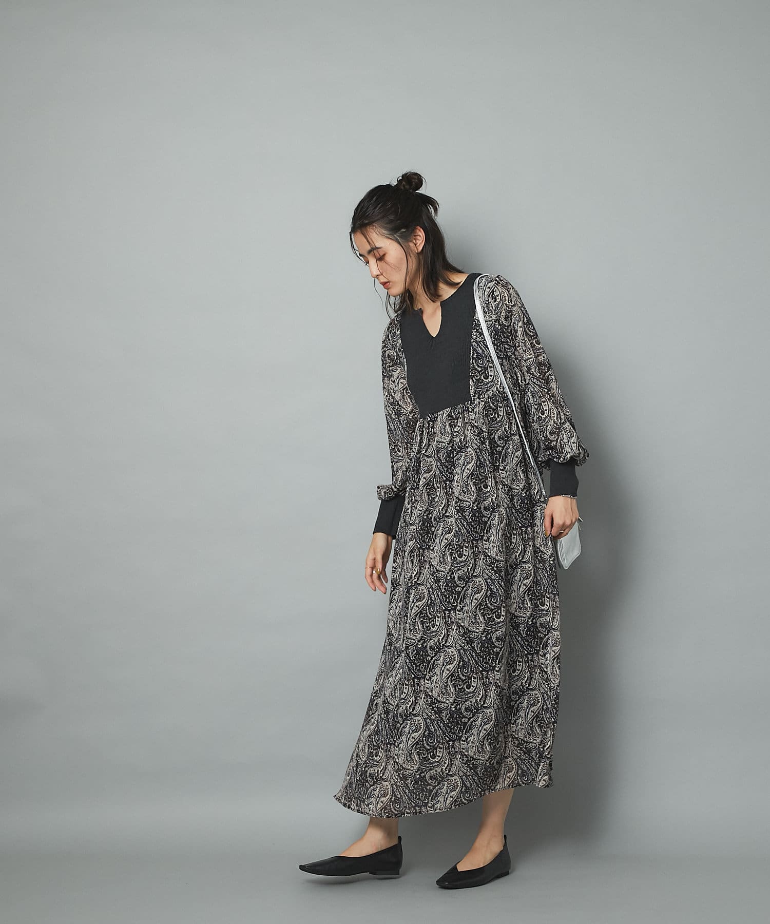 un dix cors(アンディコール) 【時短おしゃれに最適】ニット切替プリントロングワンピース