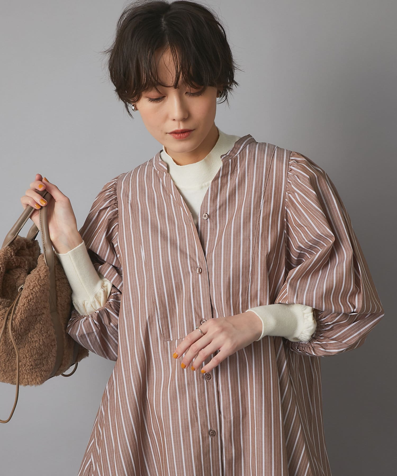 un dix cors(アンディコール) 【一枚で着映える】ボリュームスリーブストライプワンピース