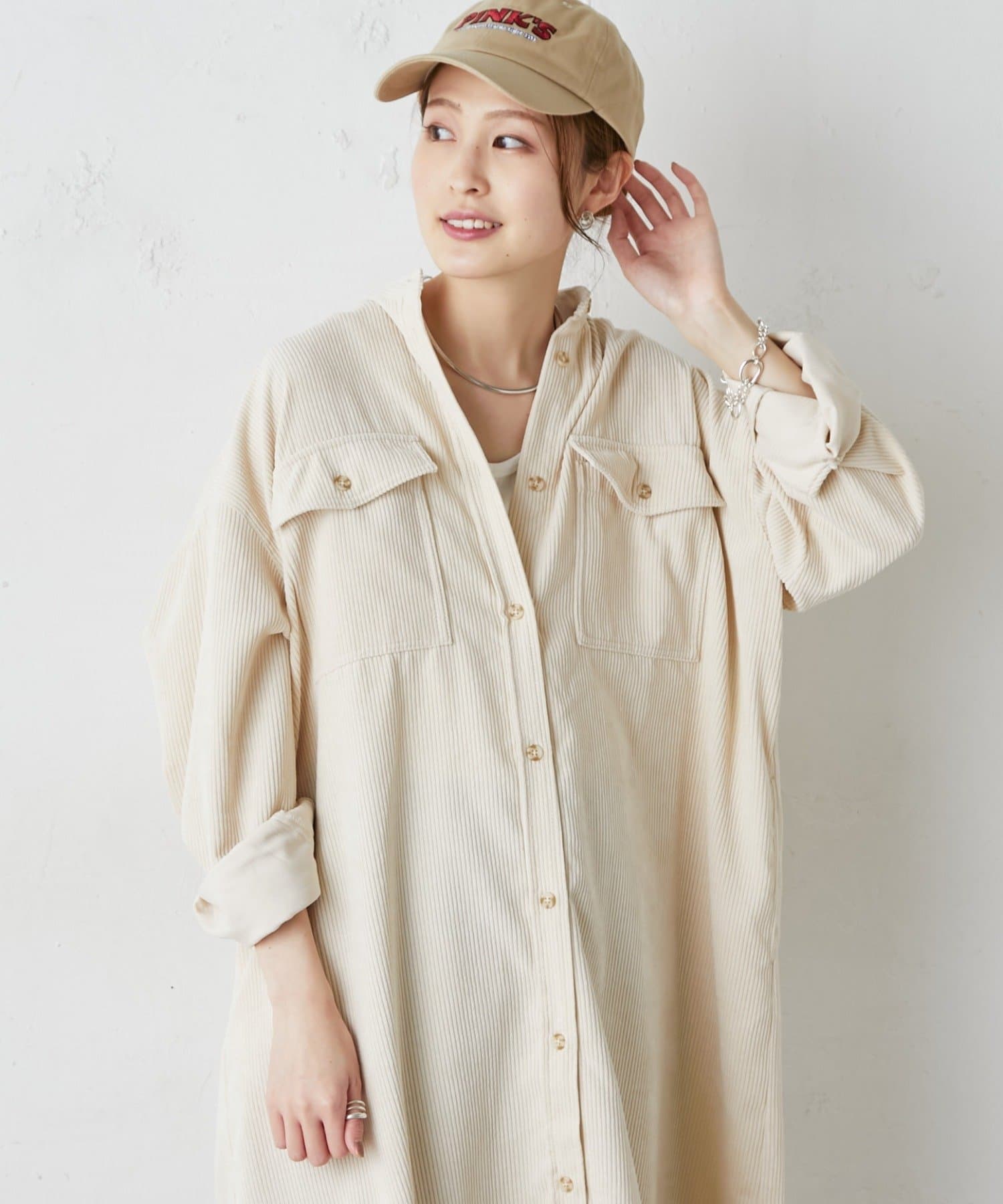 コンビニ受取対応商品 14wコーデュロイシャツワンピース 返品送料無料