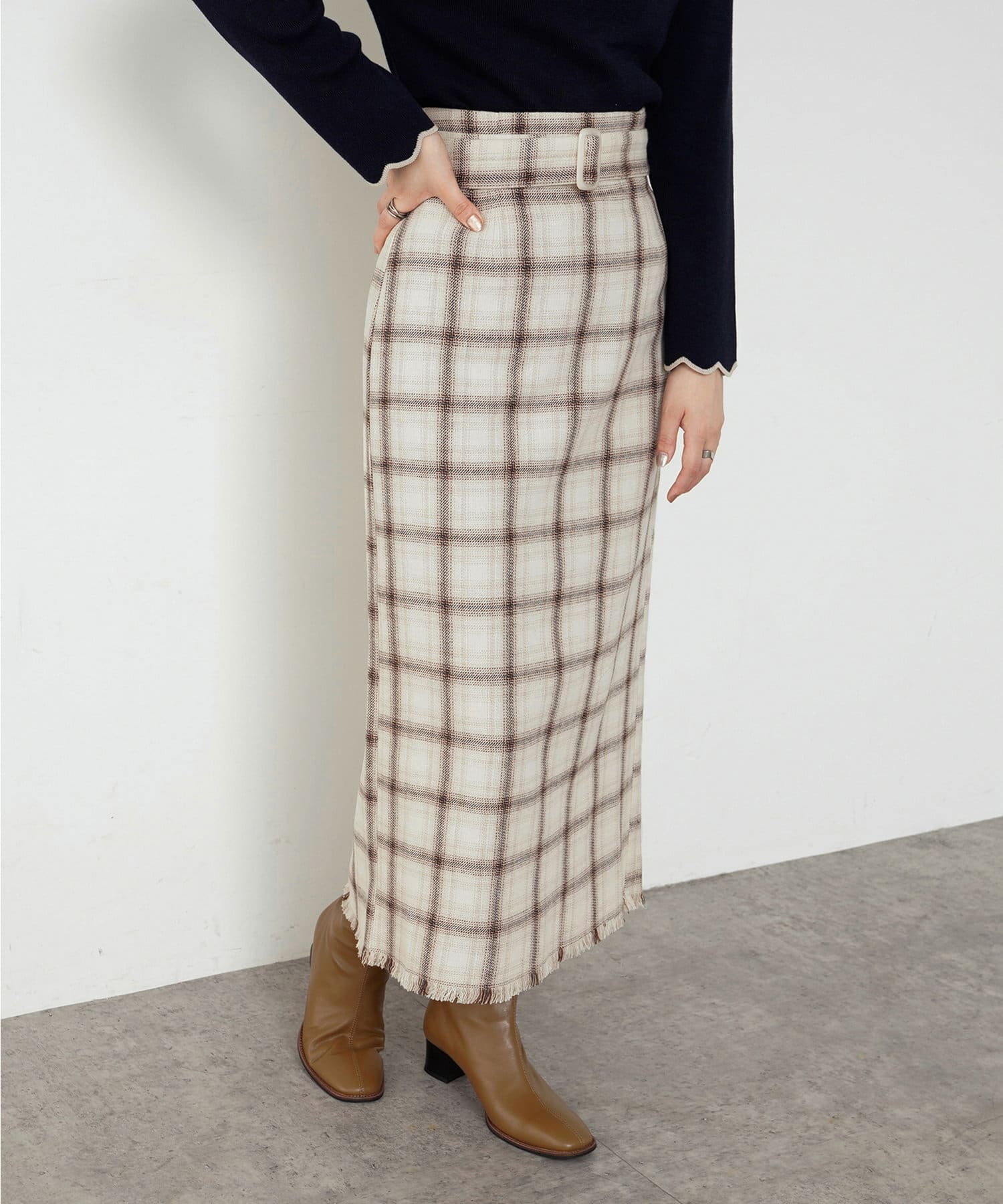 ベルト付き裾フリンジチェックスカート | natural couture(ナチュラル 