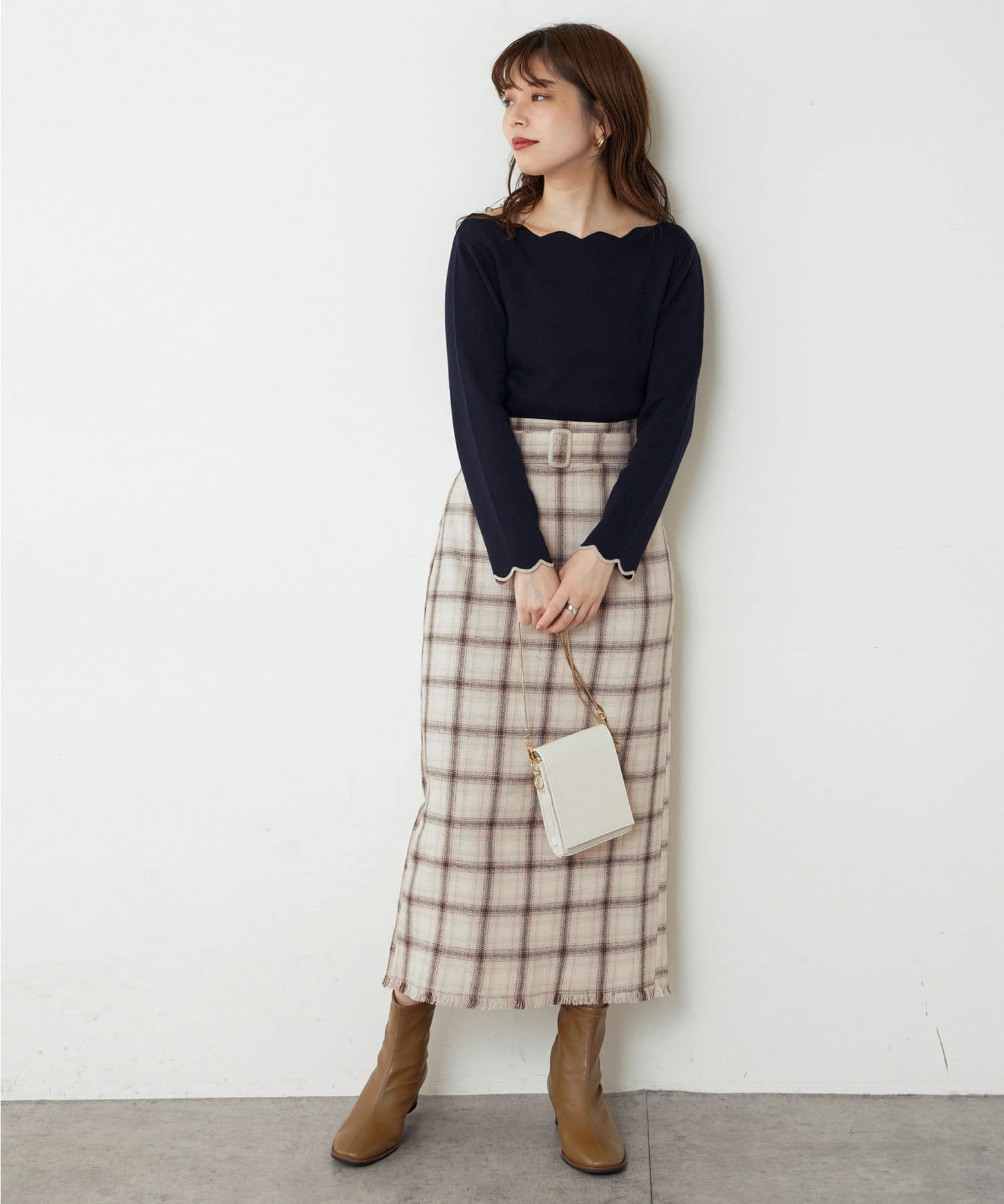 ベルト付き裾フリンジチェックスカート | natural couture(ナチュラル 