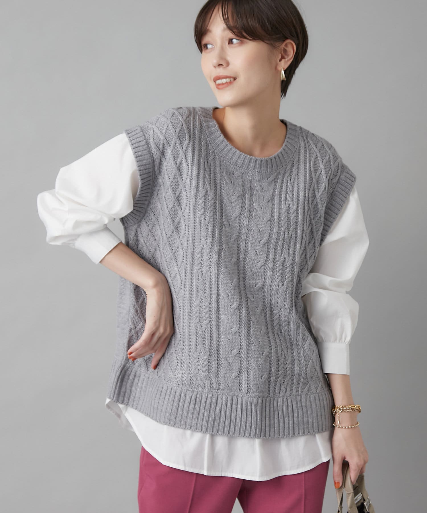 un dix cors(アンディコール) 【1枚でオシャレが完成する】アラン柄ニットベストドッキングプルオーバー